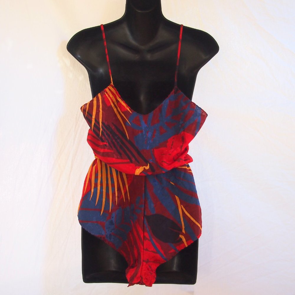 vtg LINDSEY ROSCOE for  FARR WEST Abstract Silky Teddy Bodysuit Romper USA S EUC - Picture 6 of 8